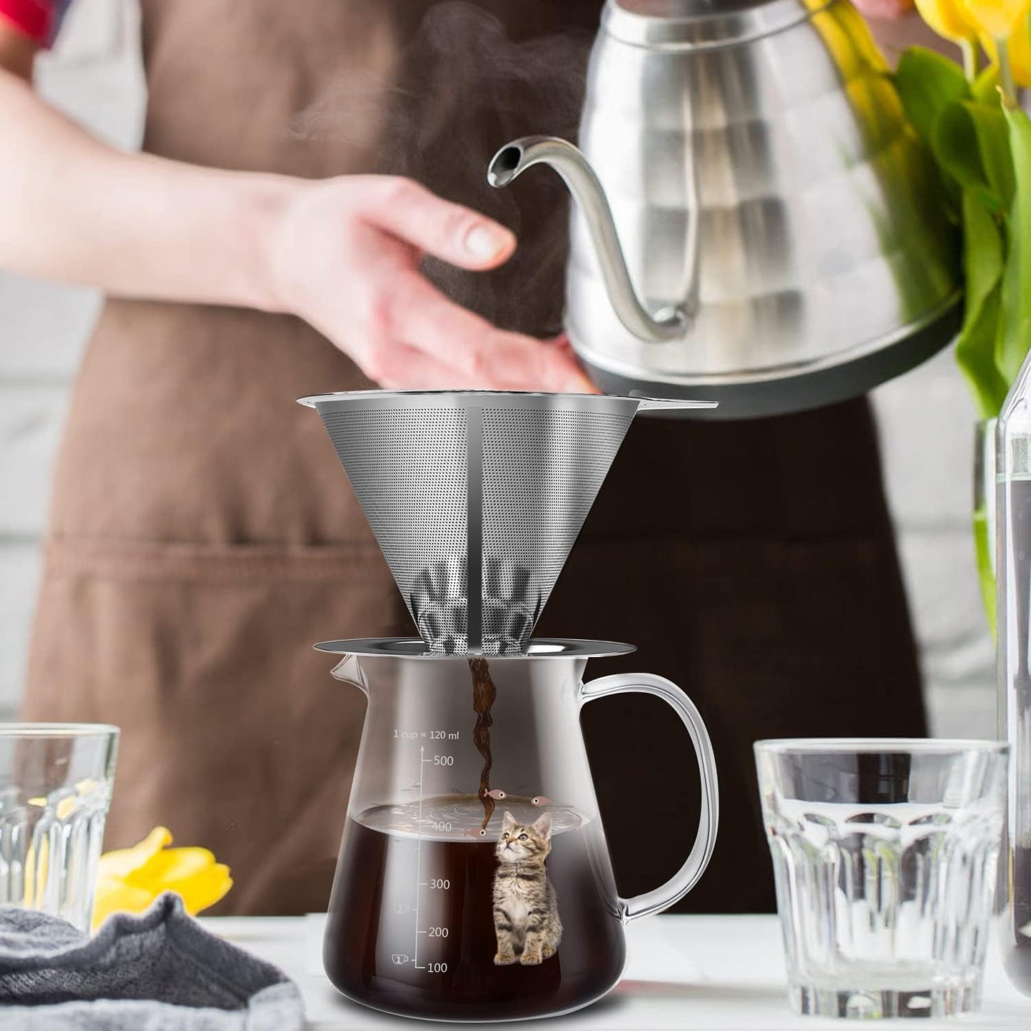 17 Oz Pour Over Coffee Maker with High Heat-Resistant Carafe and Permanent Stainless Steel Filter - Ideal for Home or Office Use
