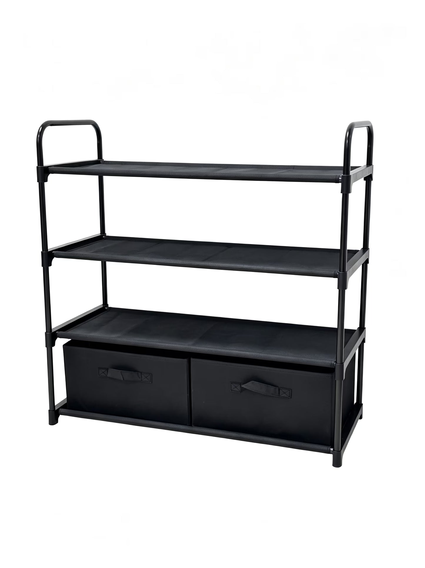 4-Tier Closet Storage Organizer with Two Fabric Bins and Black Metal Frame