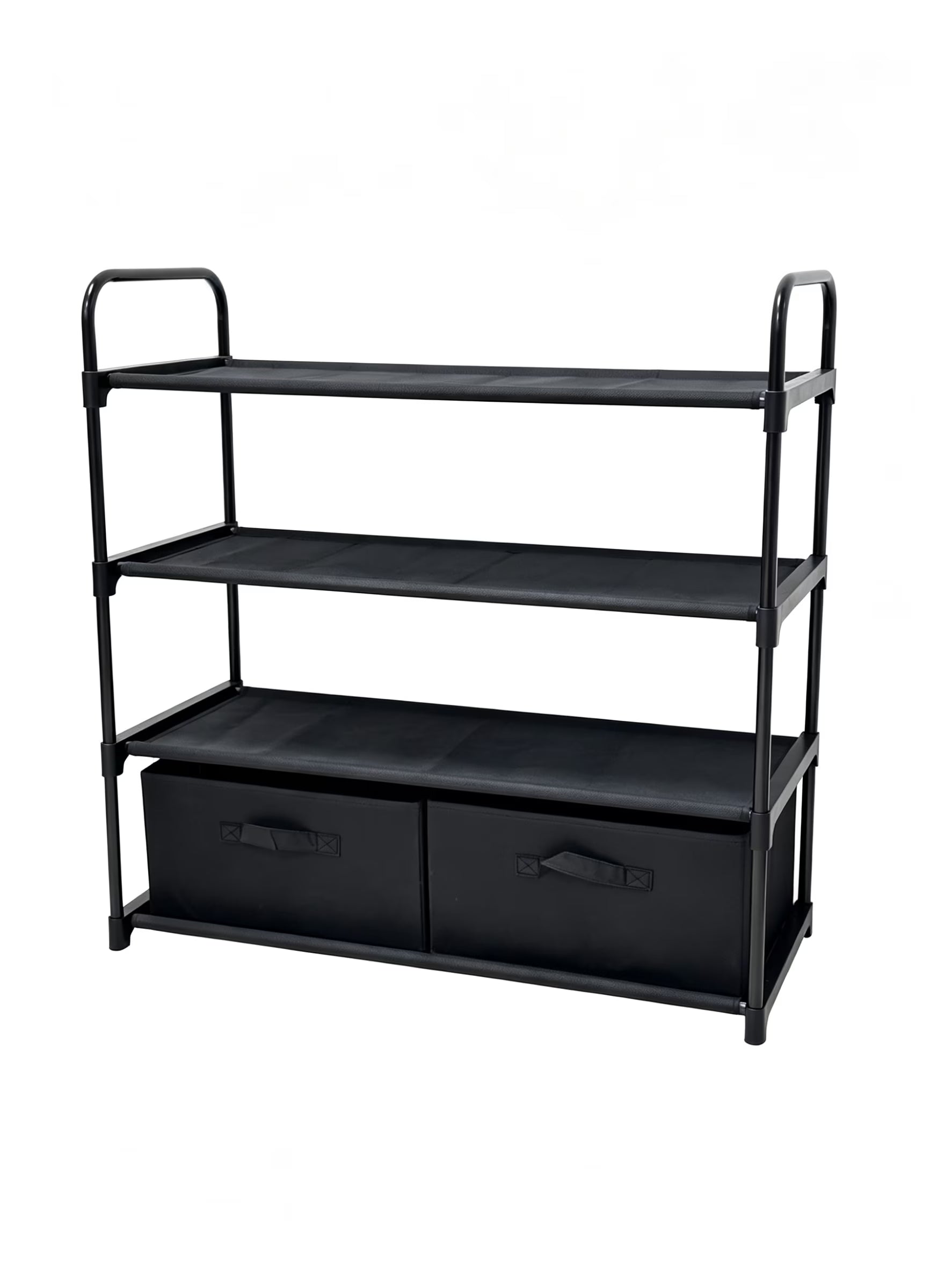 4-Tier Closet Storage Organizer with Two Fabric Bins and Black Metal Frame
