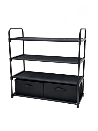 4-Tier Closet Storage Organizer with Two Fabric Bins and Black Metal Frame