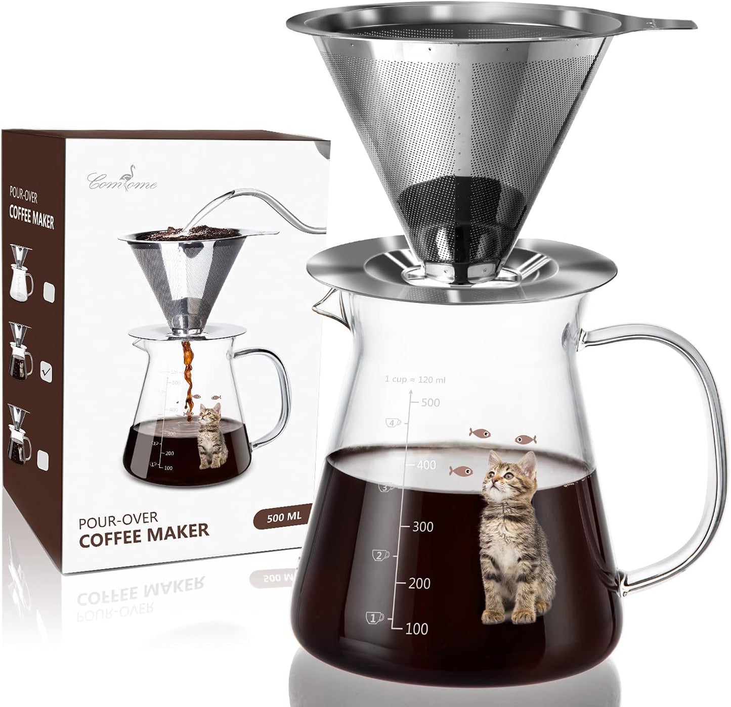 17 Oz Pour Over Coffee Maker with High Heat-Resistant Carafe and Permanent Stainless Steel Filter - Ideal for Home or Office Use