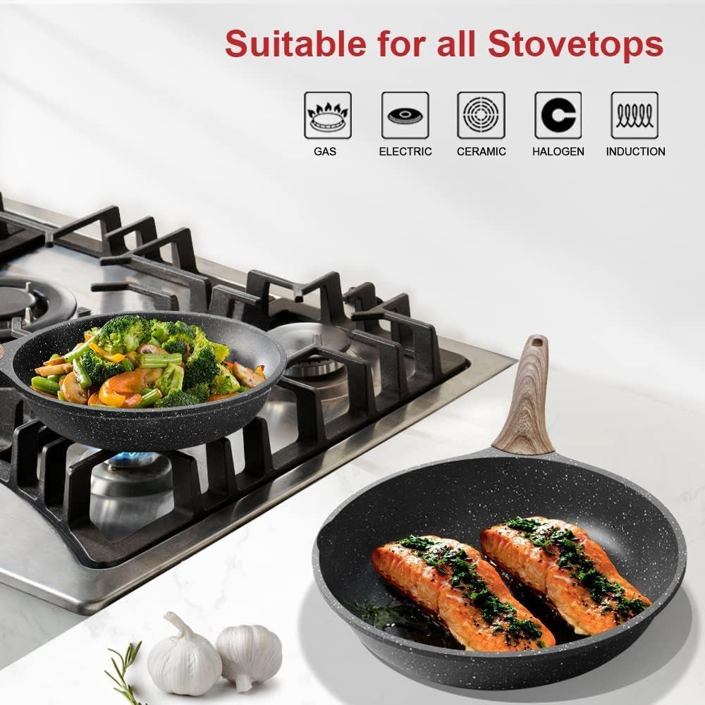 Granite Nonstick Frying Pan with Lid, Induction Compatible, PFOA Free, 9.5 Inch, Gray