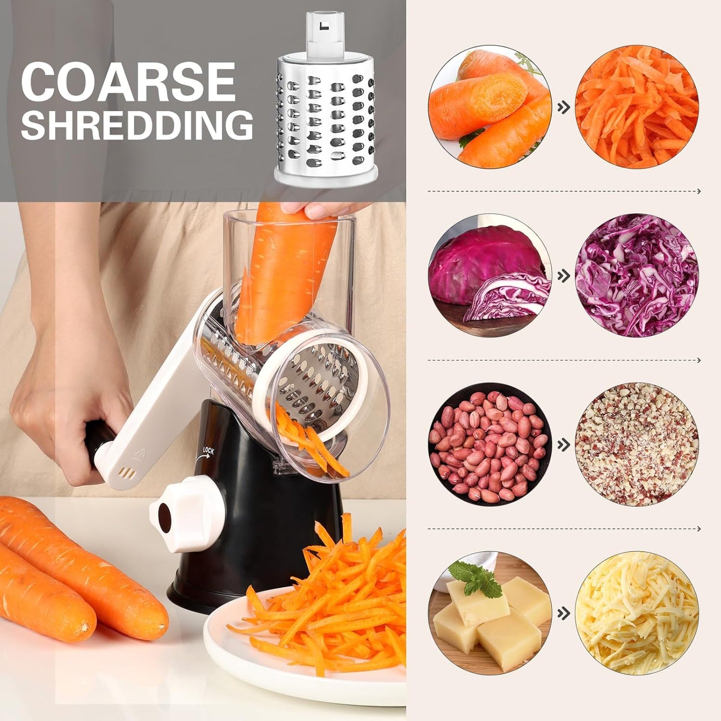Professional Rotary Cheese Grater with Hand Crank – Versatile Shredder for Cheese, Vegetables, and Nuts, Featuring Non-Slip Suction Base and Three Blades, Black