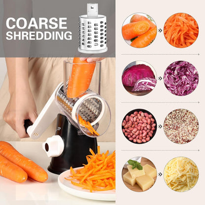 Professional Rotary Cheese Grater with Hand Crank – Versatile Shredder for Cheese, Vegetables, and Nuts, Featuring Non-Slip Suction Base and Three Blades, Black