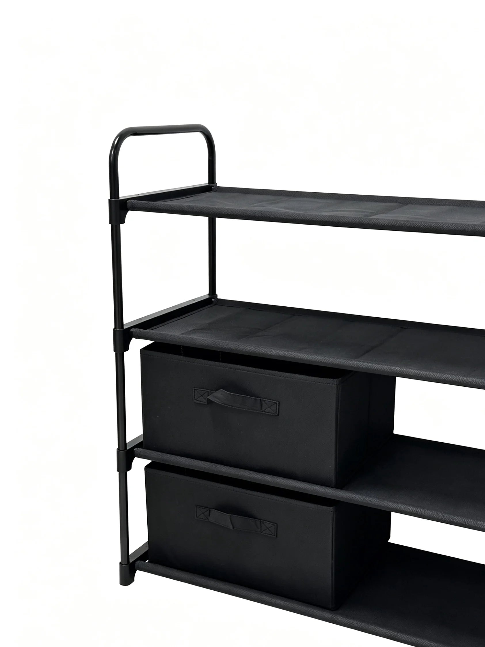 4-Tier Closet Storage Organizer with Two Fabric Bins and Black Metal Frame