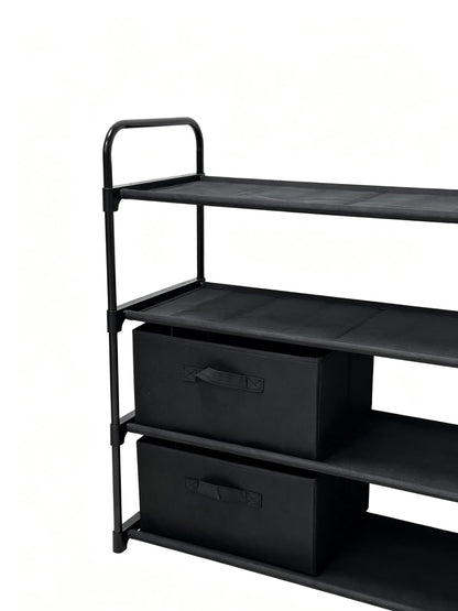 4-Tier Closet Storage Organizer with Two Fabric Bins and Black Metal Frame