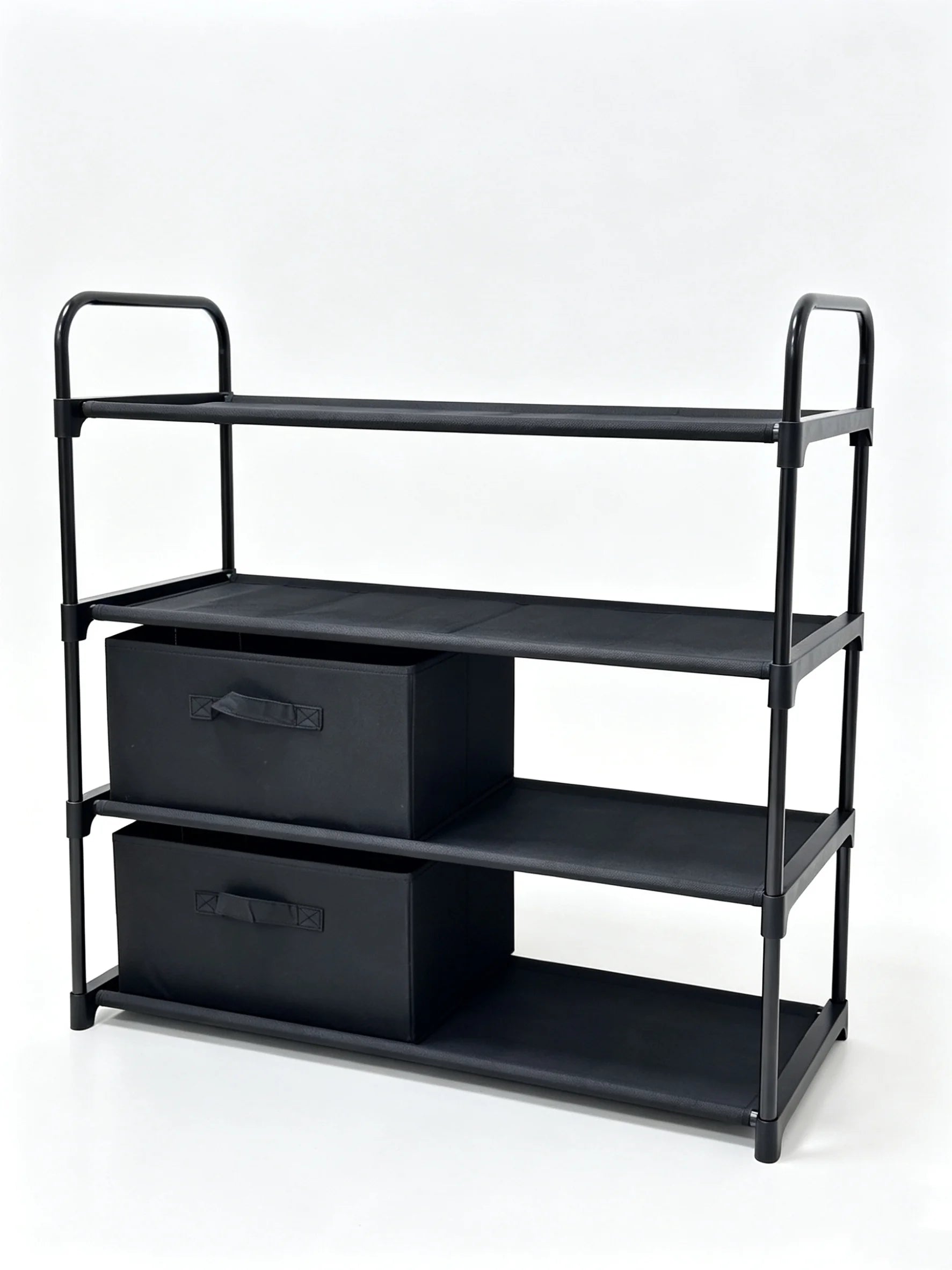 4-Tier Closet Storage Organizer with Two Fabric Bins and Black Metal Frame