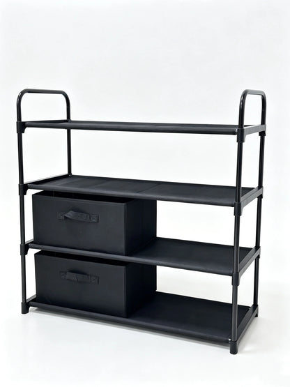 4-Tier Closet Storage Organizer with Two Fabric Bins and Black Metal Frame