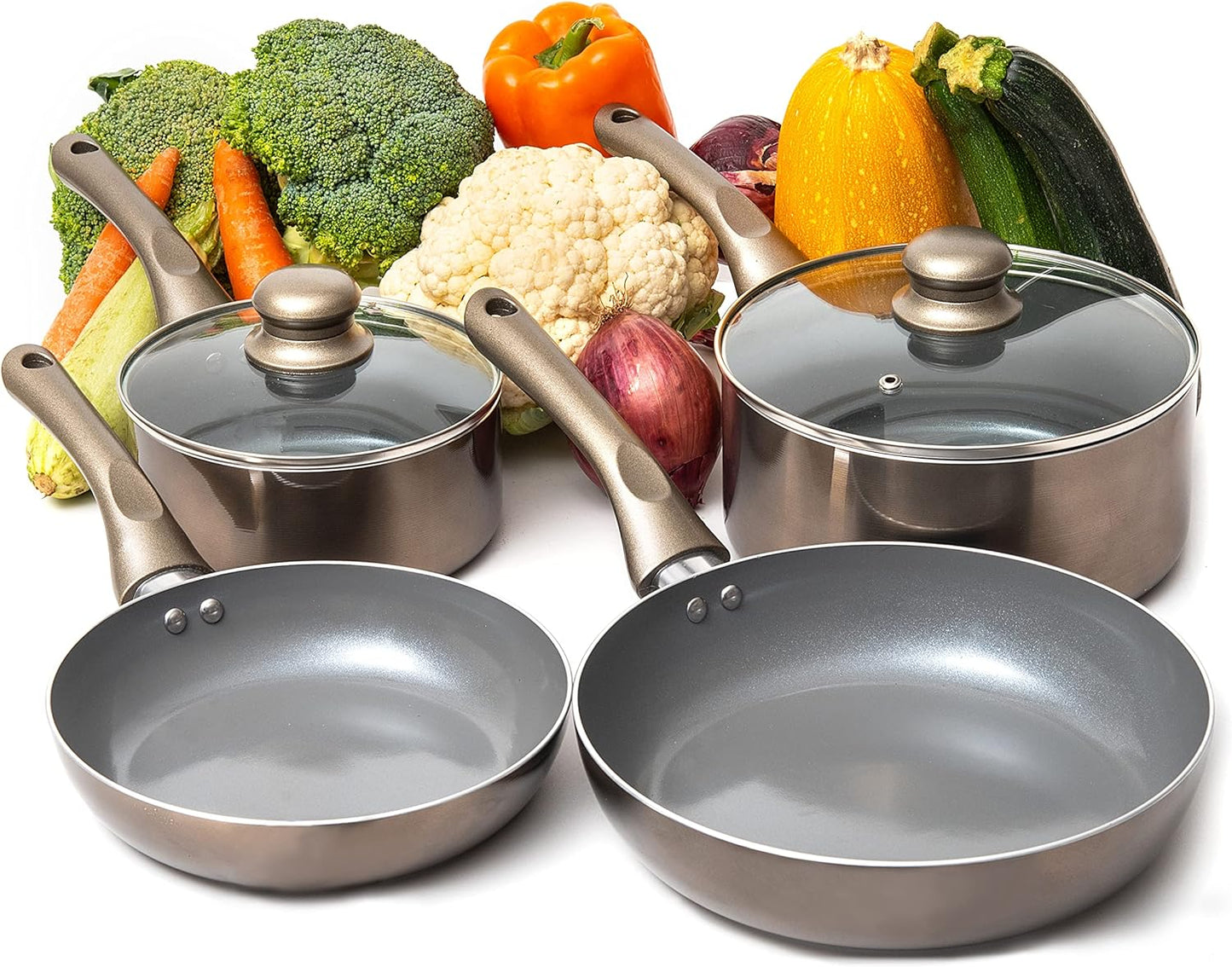 6-Piece Dark Grey Nonstick Cookware Set with Glass Lids, Induction-Compatible Pots and Pans with Stay-Cool Handles, PTFE/PFOA-Free