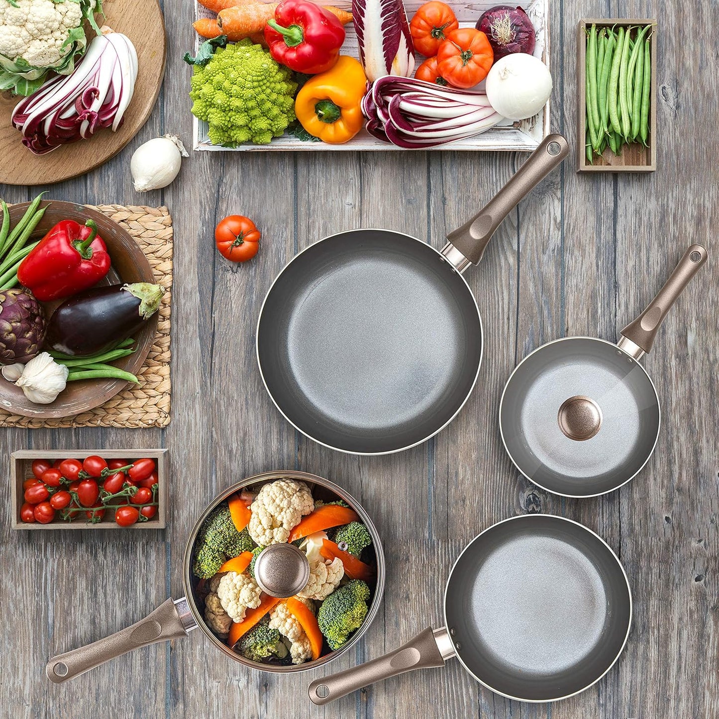 6-Piece Dark Grey Nonstick Cookware Set with Glass Lids, Induction-Compatible Pots and Pans with Stay-Cool Handles, PTFE/PFOA-Free