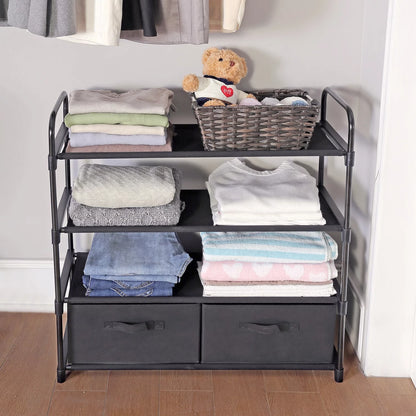 4-Tier Closet Storage Organizer with Two Fabric Bins and Black Metal Frame