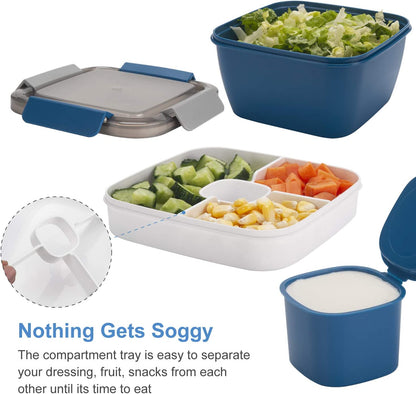 52-Ounce Salad Lunch Container with Three Compartments and Dressing Container for On-the-Go Meals, Ideal for Men and Women (Blue)