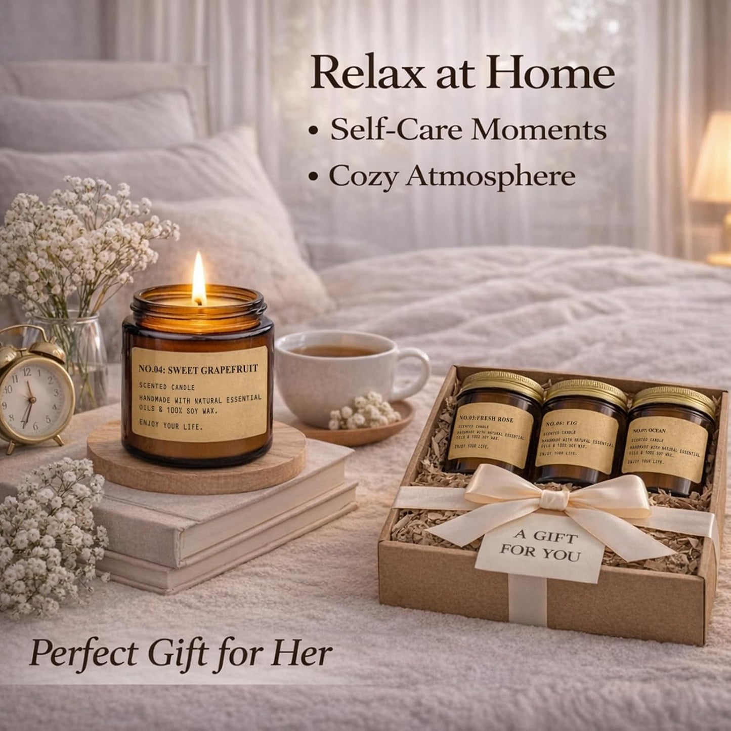 Soy Wax Scented Candle Set - 8 Pack Aromatherapy Gift Set in Vintage Amber Jars with Assorted Fragrances