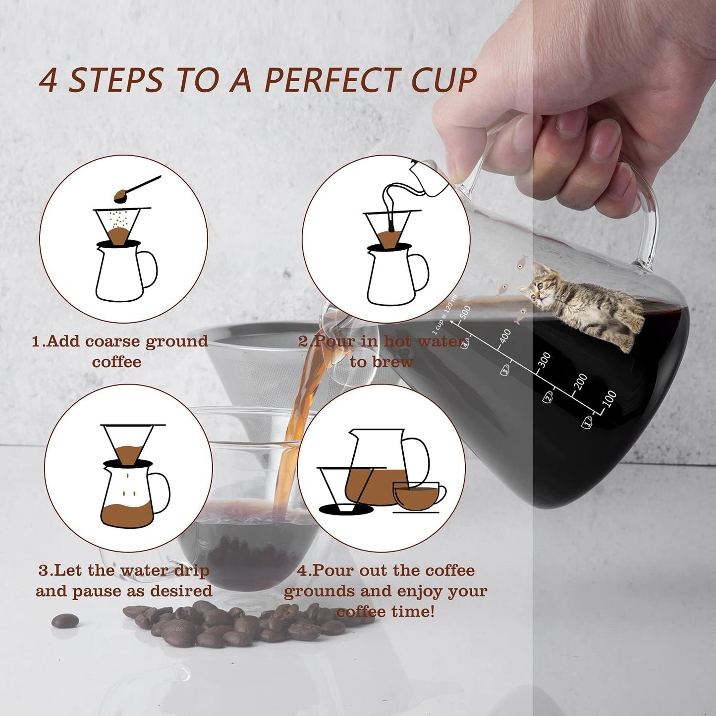 17 Oz Pour Over Coffee Maker with High Heat-Resistant Carafe and Permanent Stainless Steel Filter - Ideal for Home or Office Use