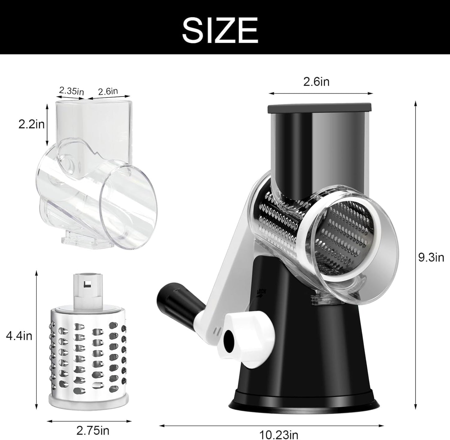 Professional Rotary Cheese Grater with Hand Crank – Versatile Shredder for Cheese, Vegetables, and Nuts, Featuring Non-Slip Suction Base and Three Blades, Black