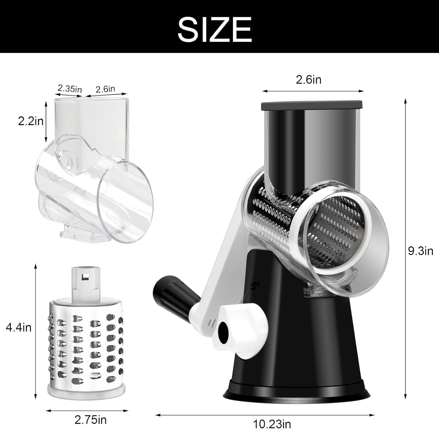 Professional Rotary Cheese Grater with Hand Crank – Versatile Shredder for Cheese, Vegetables, and Nuts, Featuring Non-Slip Suction Base and Three Blades, Black