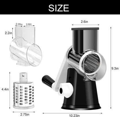Professional Rotary Cheese Grater with Hand Crank – Versatile Shredder for Cheese, Vegetables, and Nuts, Featuring Non-Slip Suction Base and Three Blades, Black