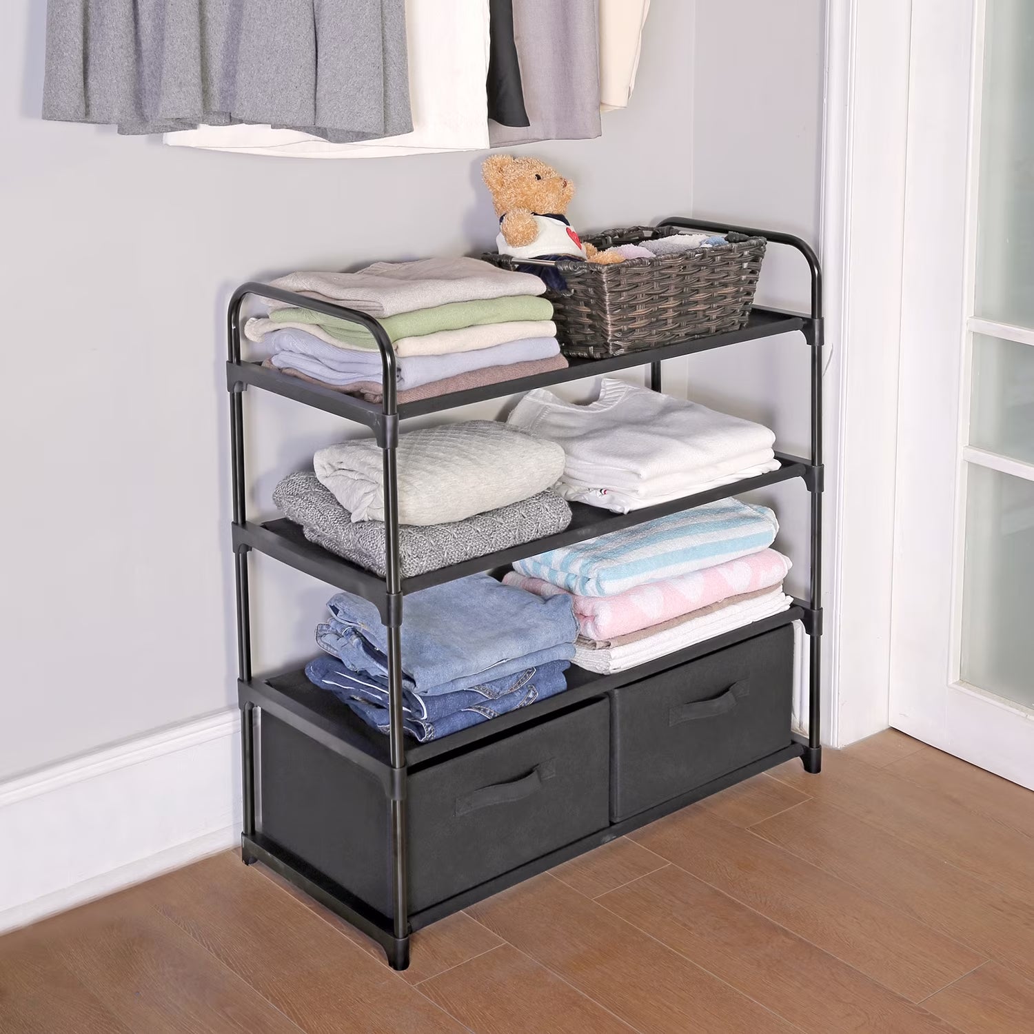 4-Tier Closet Storage Organizer with Two Fabric Bins and Black Metal Frame