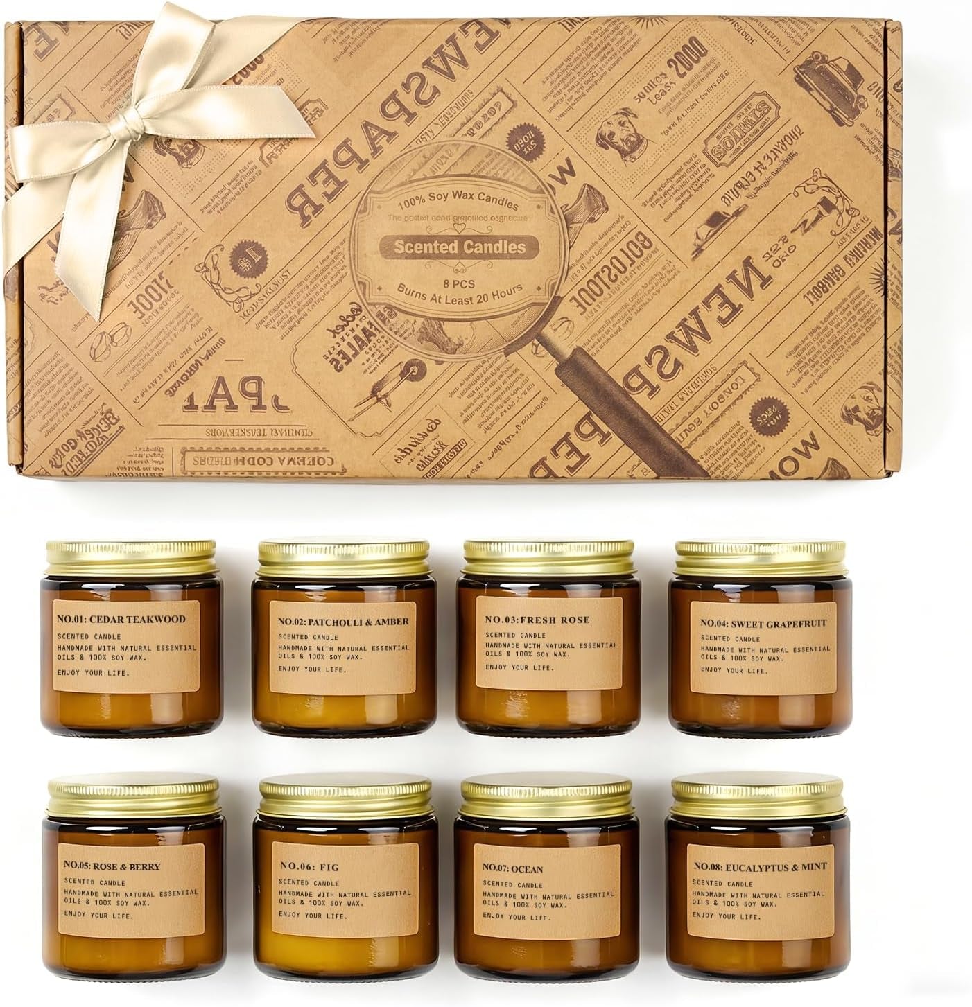 Soy Wax Scented Candle Set - 8 Pack Aromatherapy Gift Set in Vintage Amber Jars with Assorted Fragrances