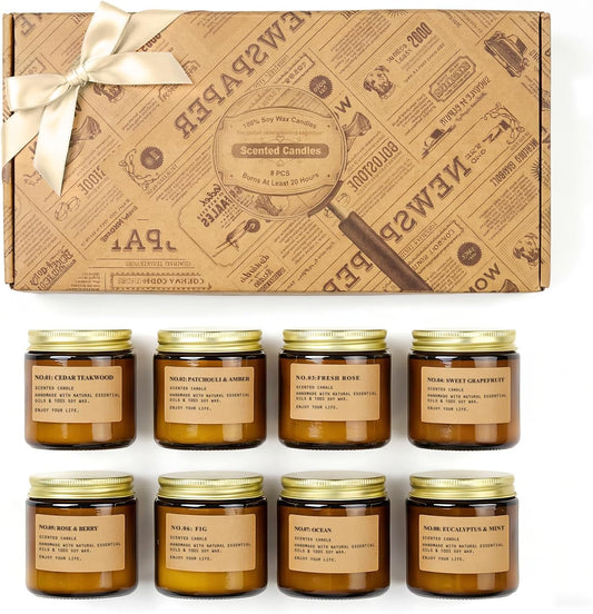 Soy Wax Scented Candle Set - 8 Pack Aromatherapy Gift Set in Vintage Amber Jars with Assorted Fragrances