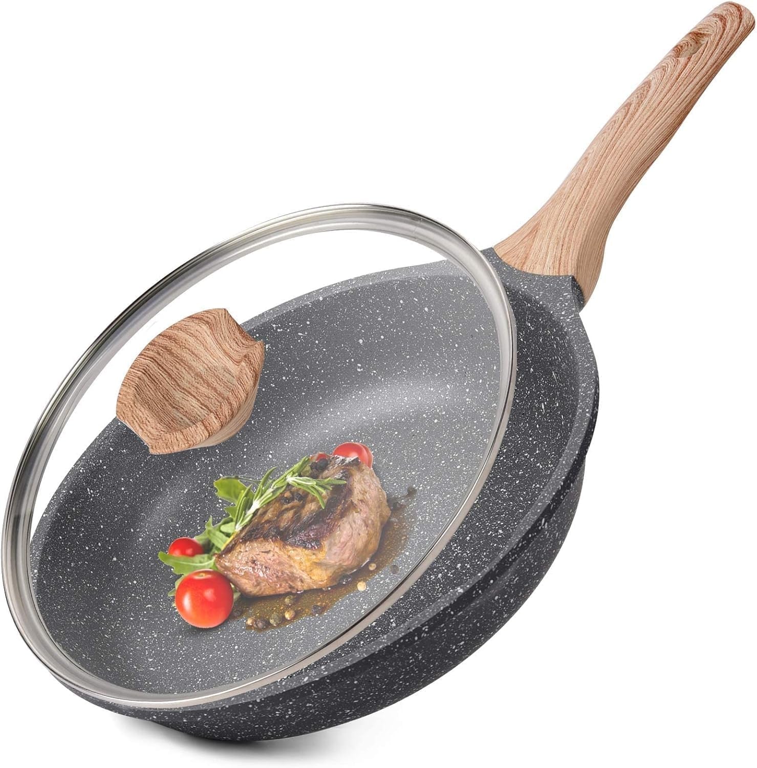 Granite Nonstick Frying Pan with Lid, Induction Compatible, PFOA Free, 9.5 Inch, Gray