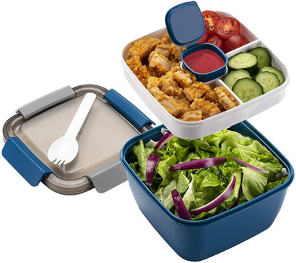 52-Ounce Salad Lunch Container with Three Compartments and Dressing Container for On-the-Go Meals, Ideal for Men and Women (Blue)