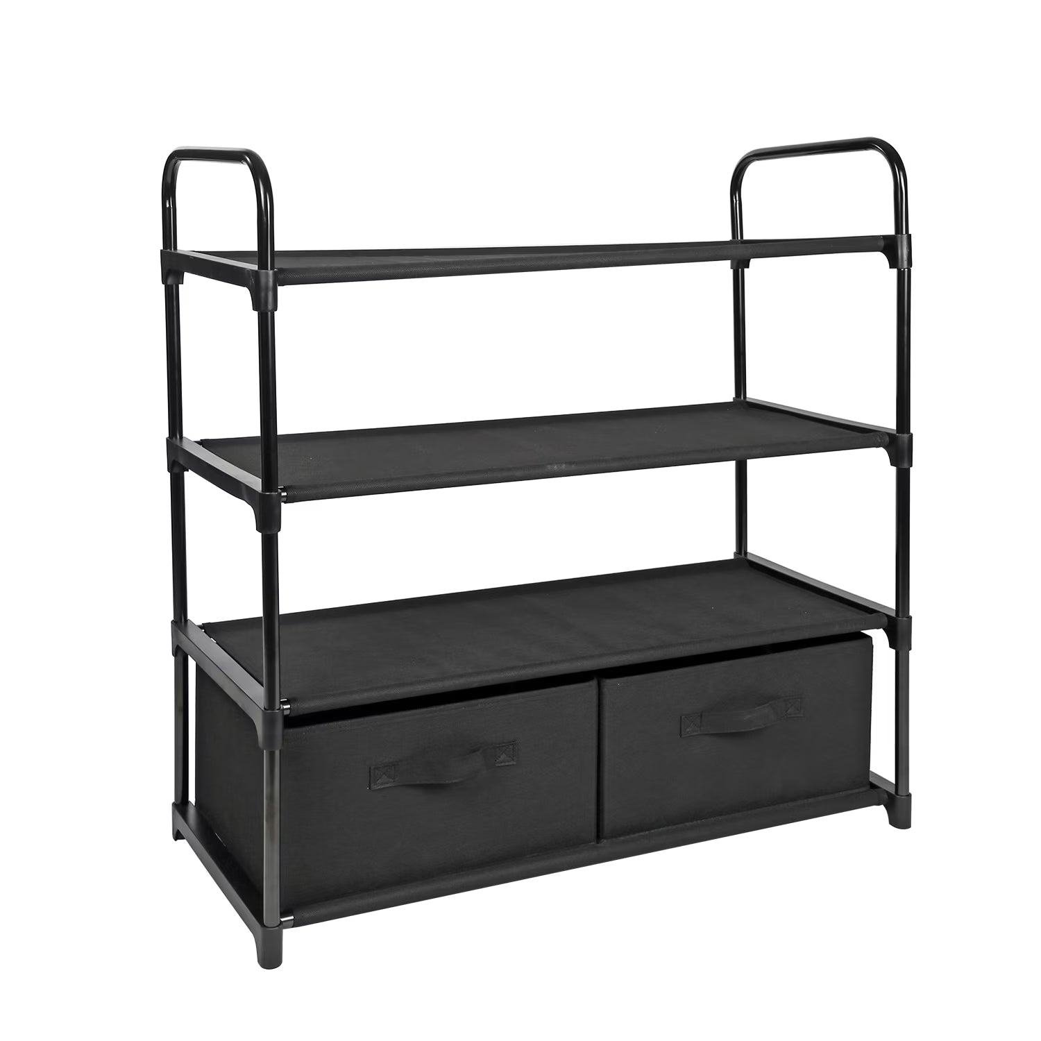 4-Tier Closet Storage Organizer with Two Fabric Bins and Black Metal Frame