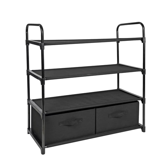 4-Tier Closet Storage Organizer with Two Fabric Bins and Black Metal Frame