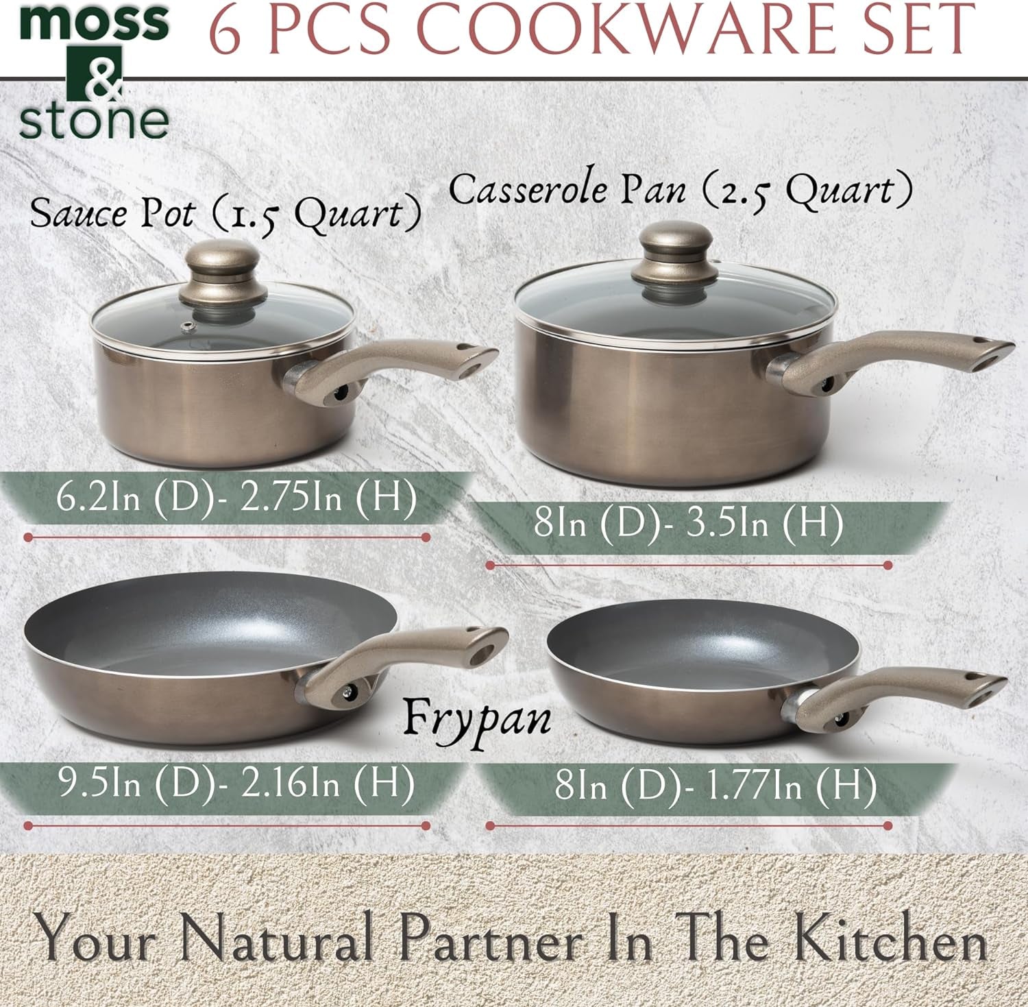 6-Piece Dark Grey Nonstick Cookware Set with Glass Lids, Induction-Compatible Pots and Pans with Stay-Cool Handles, PTFE/PFOA-Free