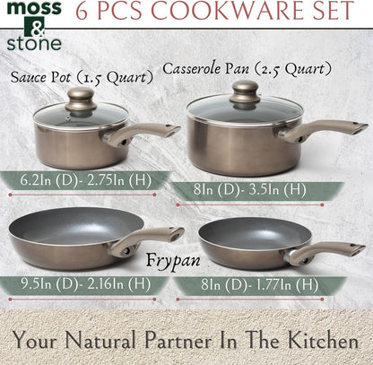 6-Piece Dark Grey Nonstick Cookware Set with Glass Lids, Induction-Compatible Pots and Pans with Stay-Cool Handles, PTFE/PFOA-Free
