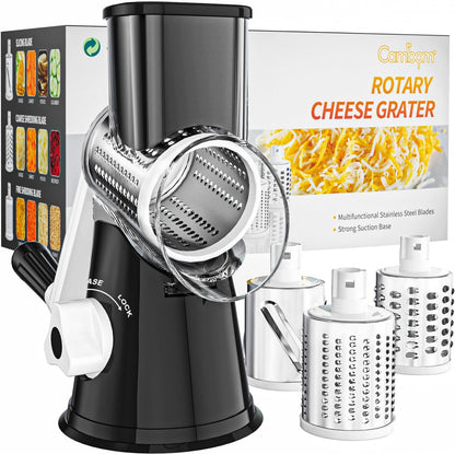 Professional Rotary Cheese Grater with Hand Crank – Versatile Shredder for Cheese, Vegetables, and Nuts, Featuring Non-Slip Suction Base and Three Blades, Black