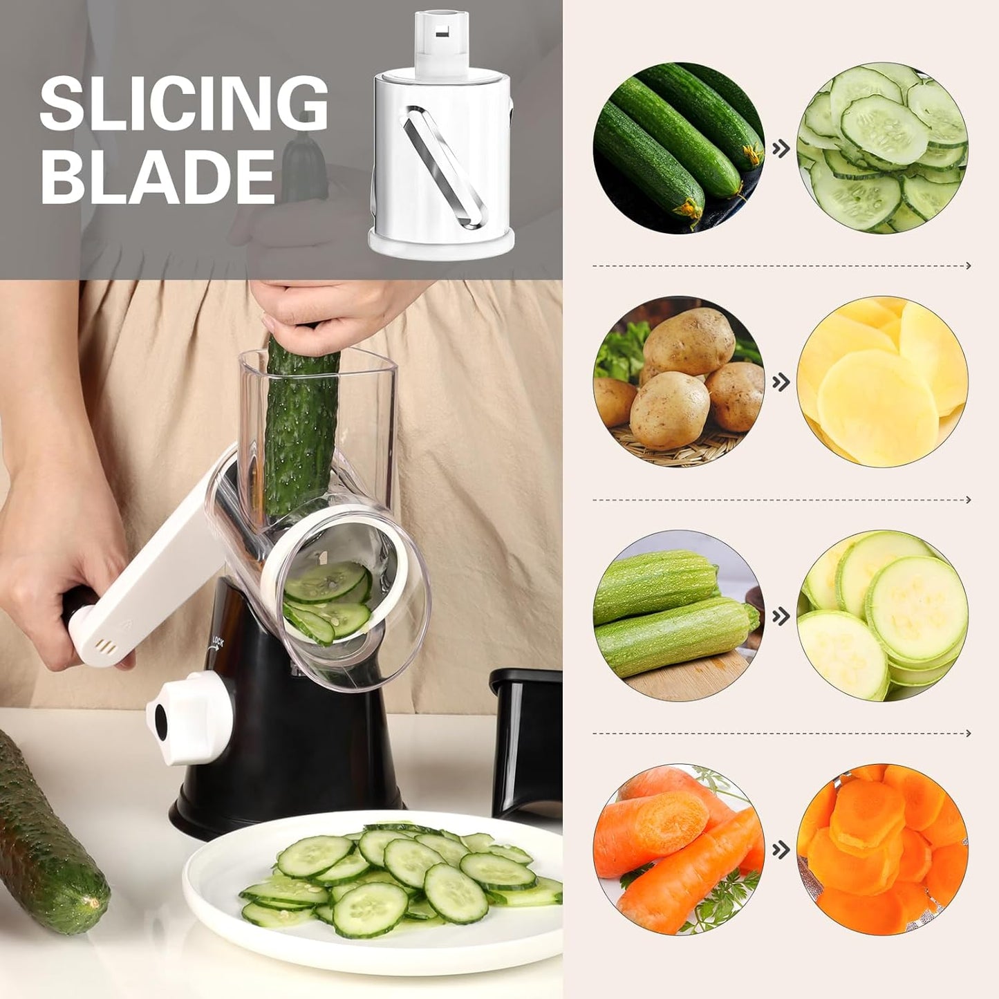 Professional Rotary Cheese Grater with Hand Crank – Versatile Shredder for Cheese, Vegetables, and Nuts, Featuring Non-Slip Suction Base and Three Blades, Black