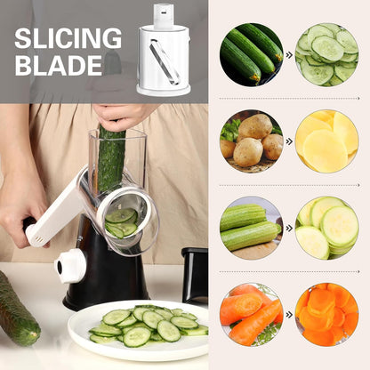 Professional Rotary Cheese Grater with Hand Crank – Versatile Shredder for Cheese, Vegetables, and Nuts, Featuring Non-Slip Suction Base and Three Blades, Black