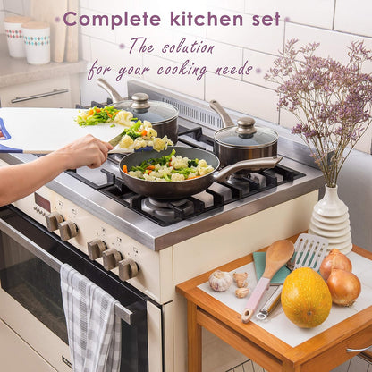 6-Piece Dark Grey Nonstick Cookware Set with Glass Lids, Induction-Compatible Pots and Pans with Stay-Cool Handles, PTFE/PFOA-Free