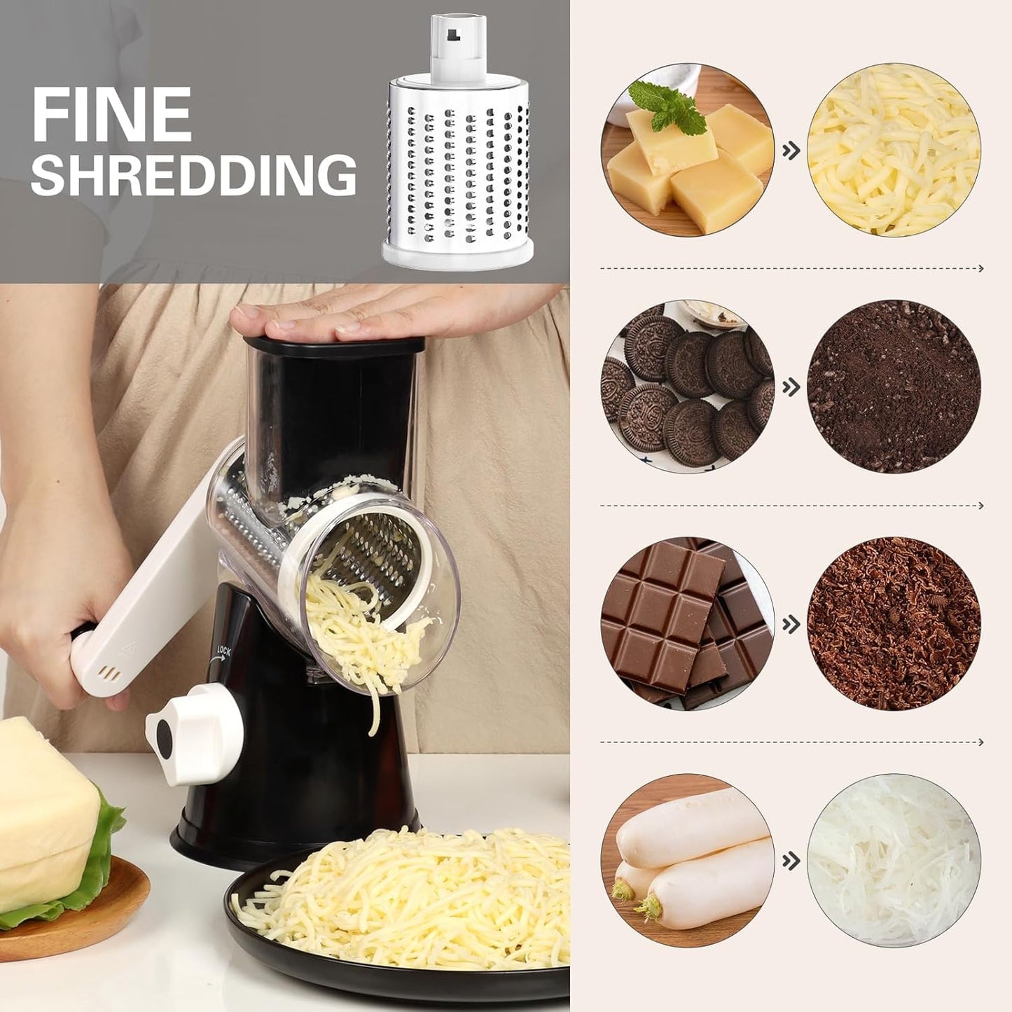 Professional Rotary Cheese Grater with Hand Crank – Versatile Shredder for Cheese, Vegetables, and Nuts, Featuring Non-Slip Suction Base and Three Blades, Black