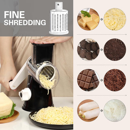 Professional Rotary Cheese Grater with Hand Crank – Versatile Shredder for Cheese, Vegetables, and Nuts, Featuring Non-Slip Suction Base and Three Blades, Black