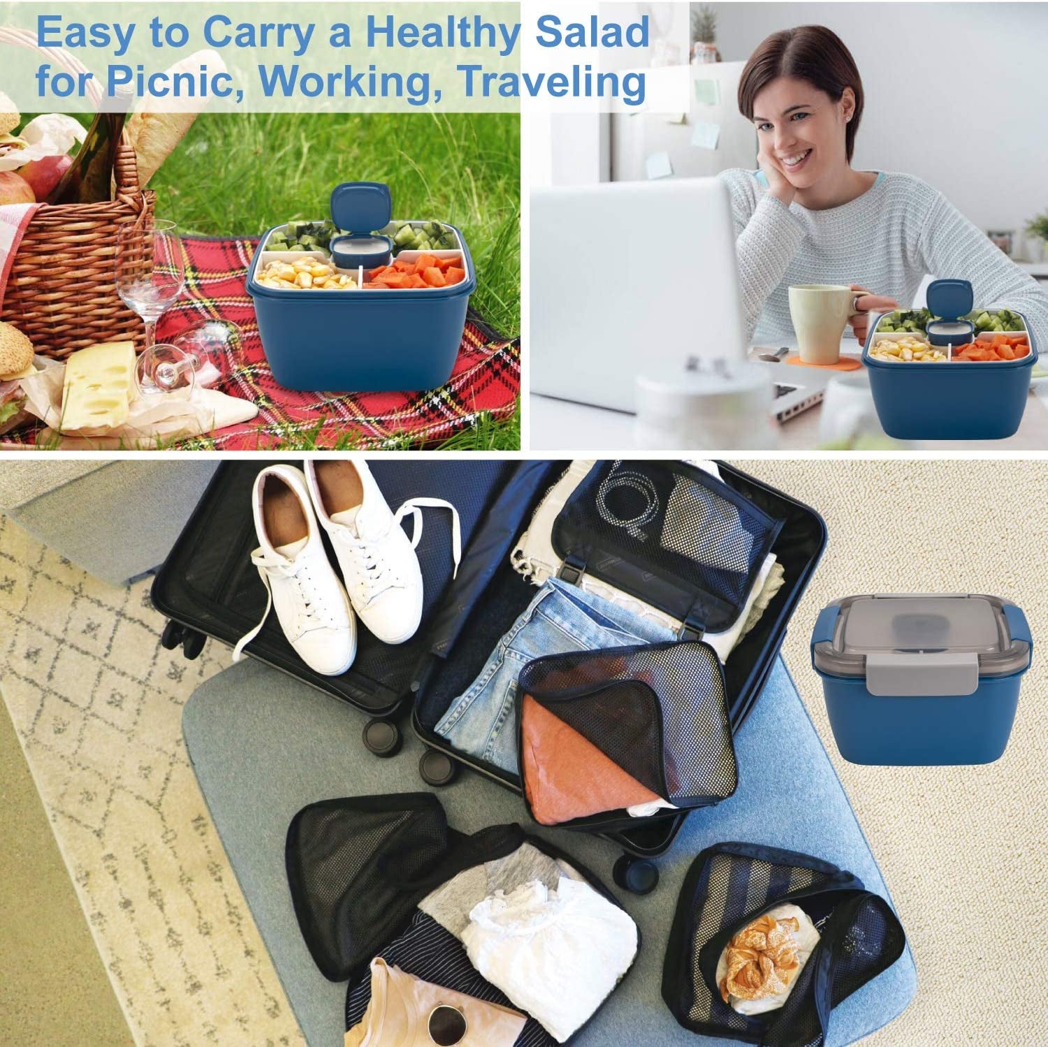 52-Ounce Salad Lunch Container with Three Compartments and Dressing Container for On-the-Go Meals, Ideal for Men and Women (Blue)