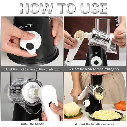 Professional Rotary Cheese Grater with Hand Crank – Versatile Shredder for Cheese, Vegetables, and Nuts, Featuring Non-Slip Suction Base and Three Blades, Black