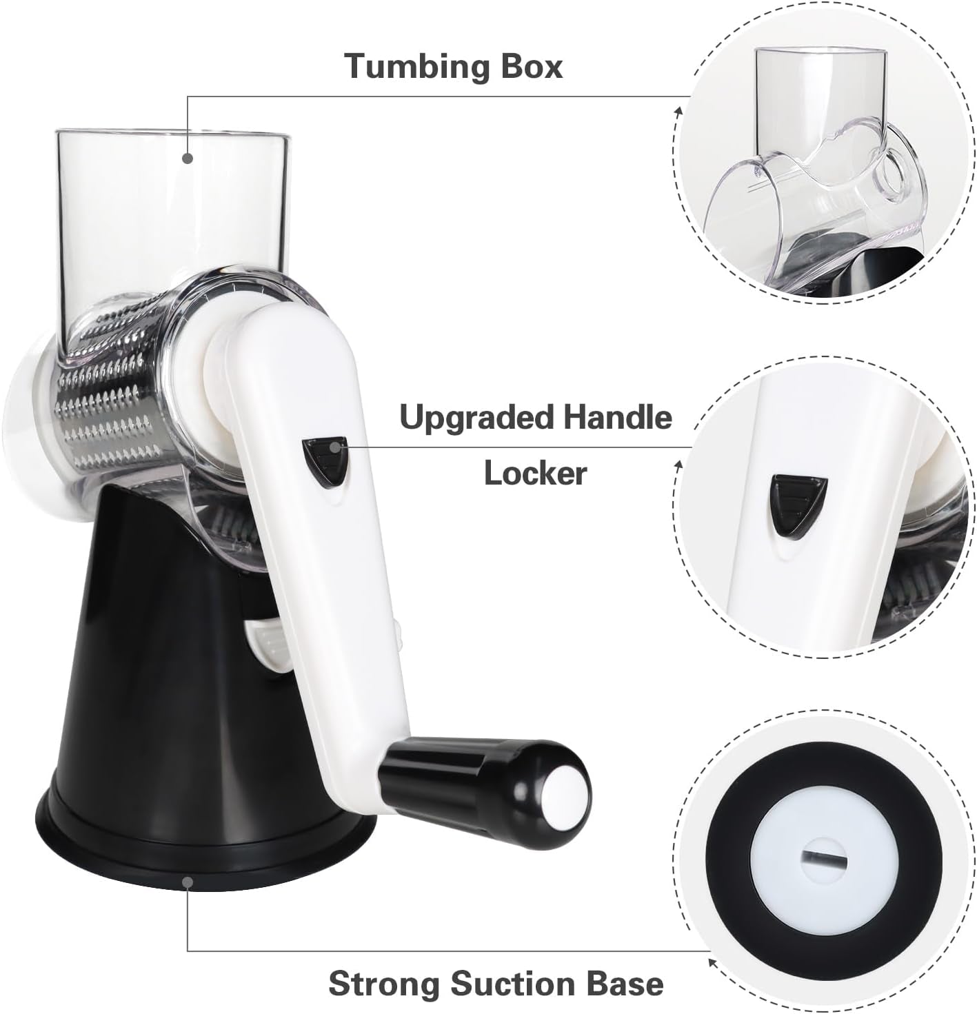 Professional Rotary Cheese Grater with Hand Crank – Versatile Shredder for Cheese, Vegetables, and Nuts, Featuring Non-Slip Suction Base and Three Blades, Black