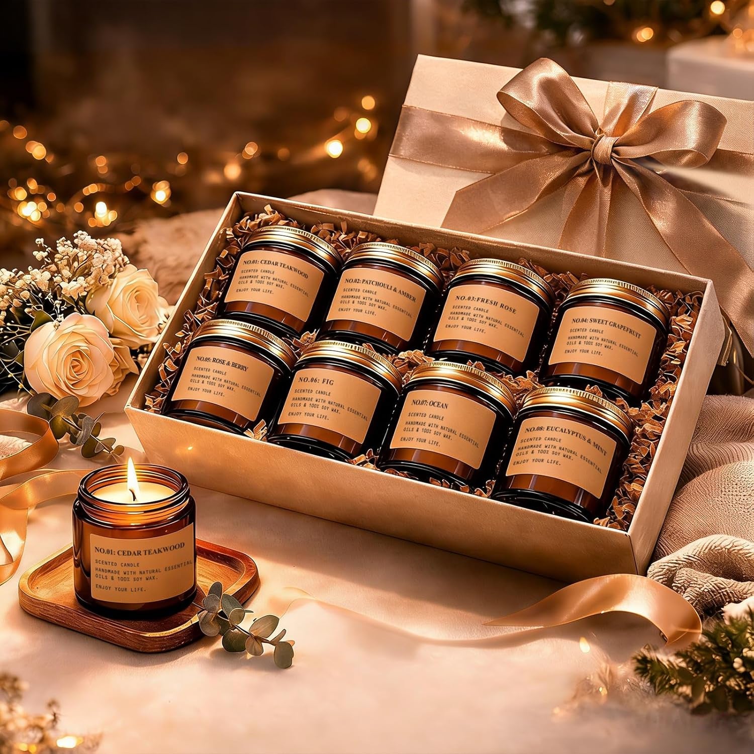 Soy Wax Scented Candle Set - 8 Pack Aromatherapy Gift Set in Vintage Amber Jars with Assorted Fragrances