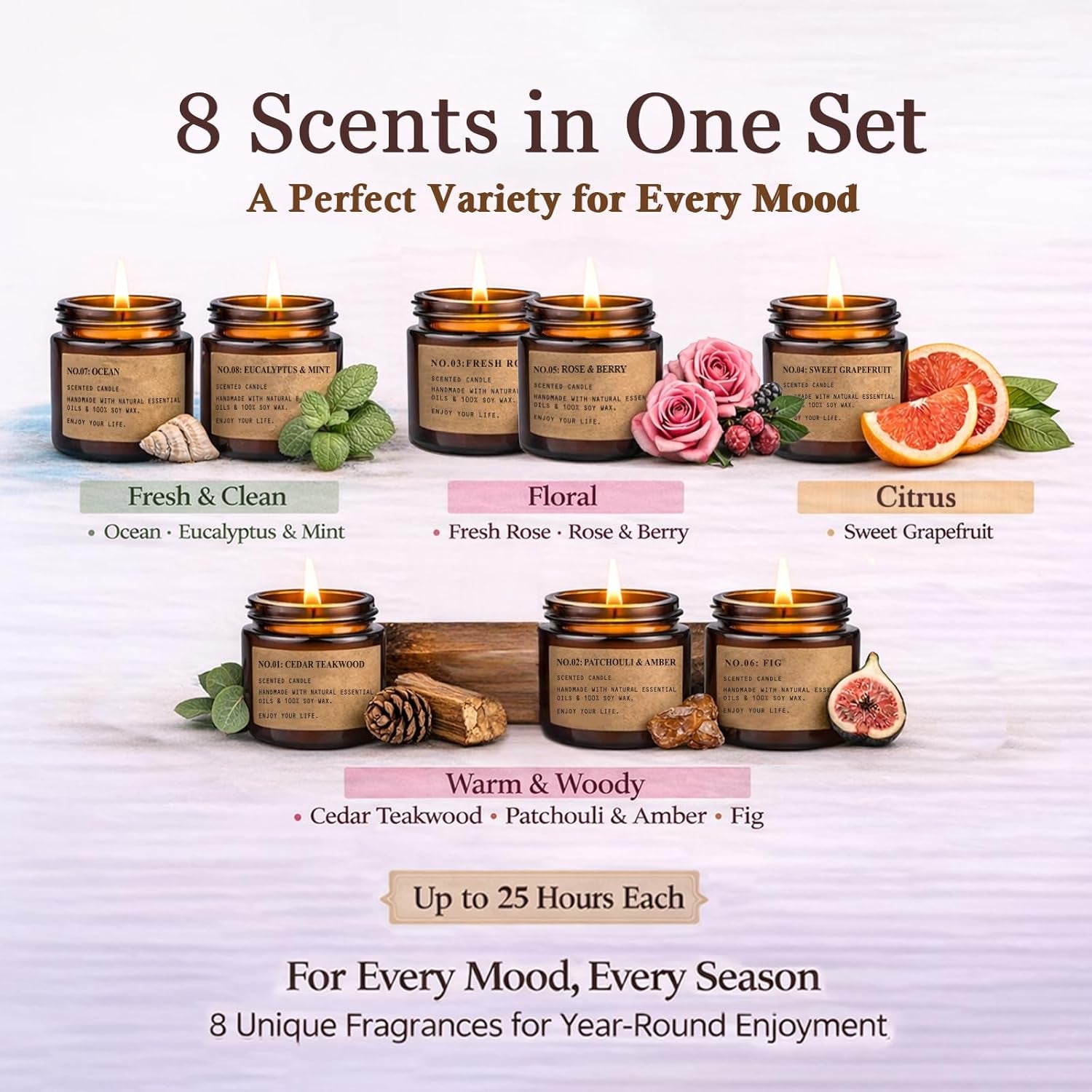 Soy Wax Scented Candle Set - 8 Pack Aromatherapy Gift Set in Vintage Amber Jars with Assorted Fragrances