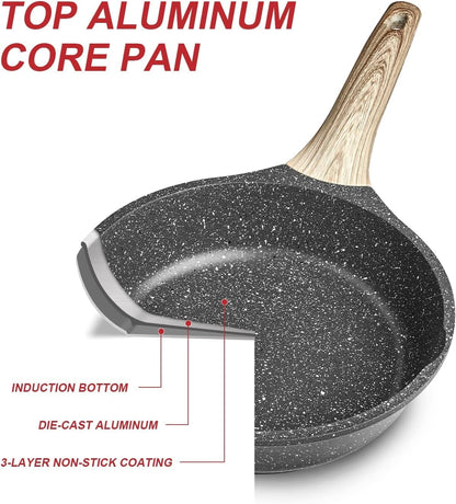 Granite Nonstick Frying Pan with Lid, Induction Compatible, PFOA Free, 9.5 Inch, Gray