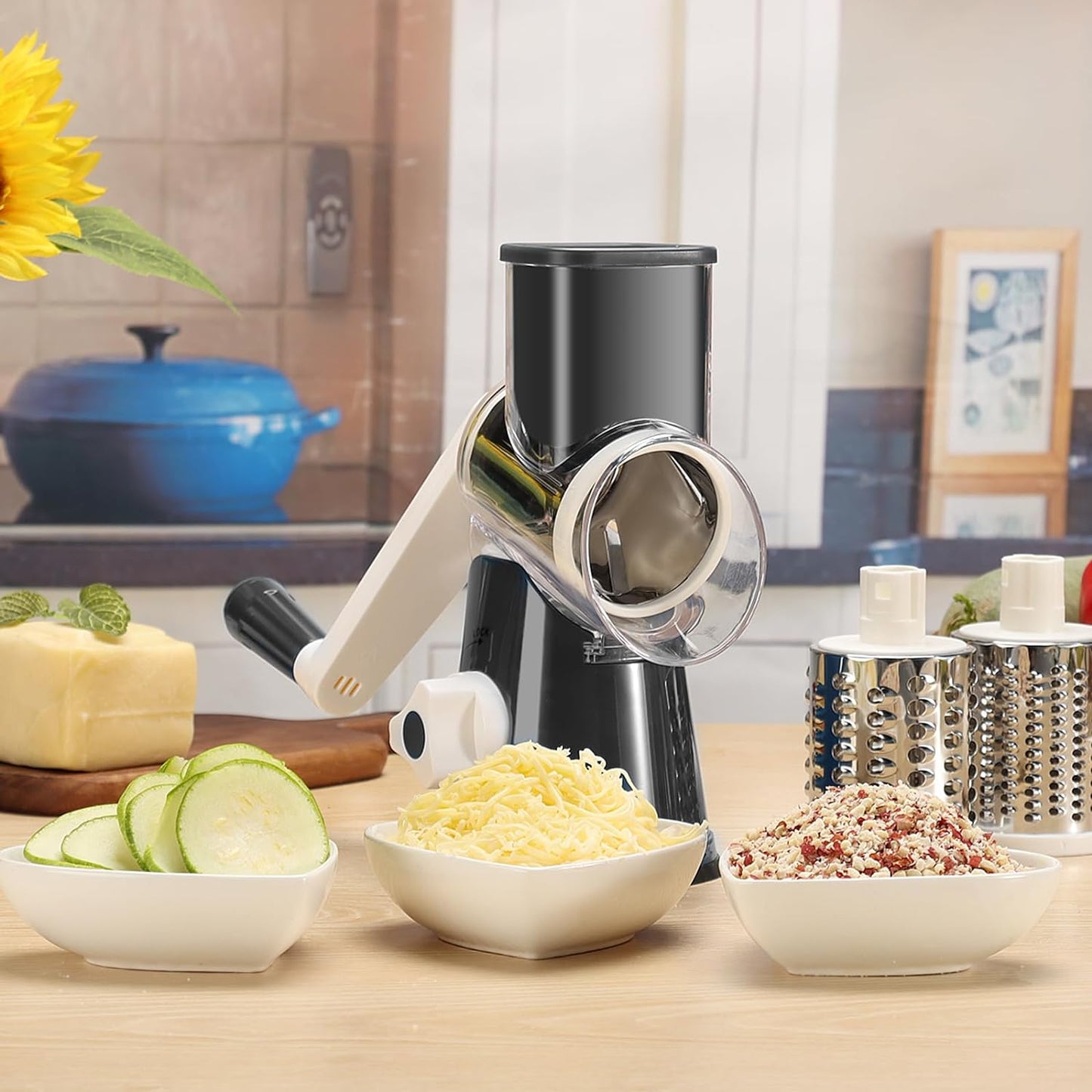 Professional Rotary Cheese Grater with Hand Crank – Versatile Shredder for Cheese, Vegetables, and Nuts, Featuring Non-Slip Suction Base and Three Blades, Black