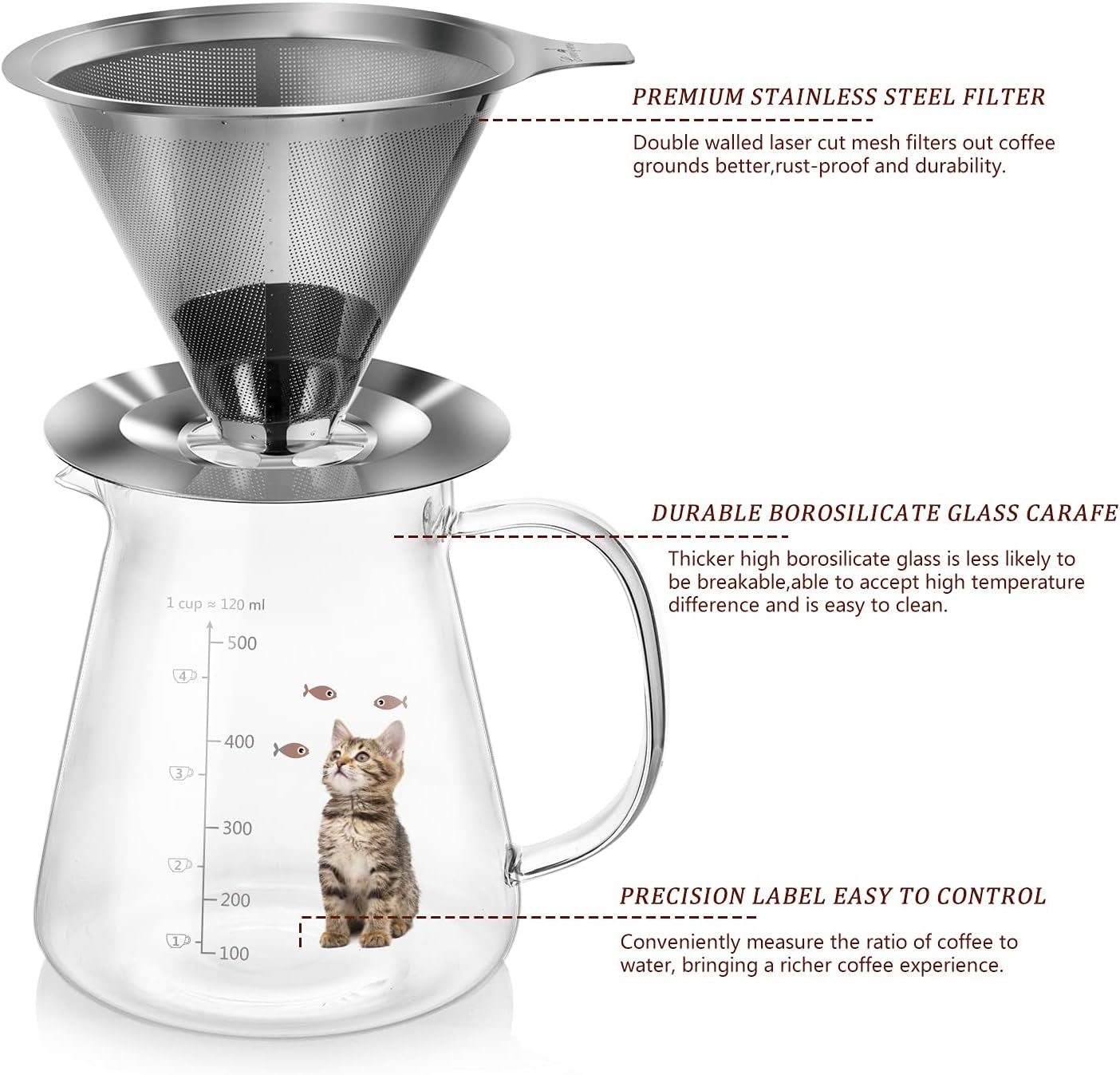 17 Oz Pour Over Coffee Maker with High Heat-Resistant Carafe and Permanent Stainless Steel Filter - Ideal for Home or Office Use