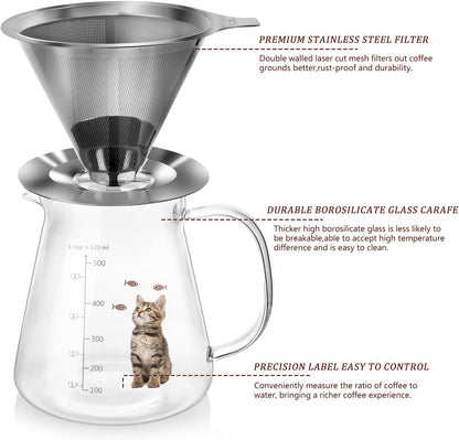 17 Oz Pour Over Coffee Maker with High Heat-Resistant Carafe and Permanent Stainless Steel Filter - Ideal for Home or Office Use