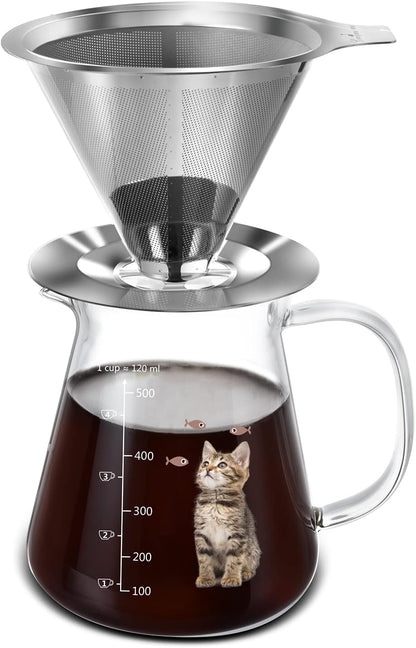17 Oz Pour Over Coffee Maker with High Heat-Resistant Carafe and Permanent Stainless Steel Filter - Ideal for Home or Office Use