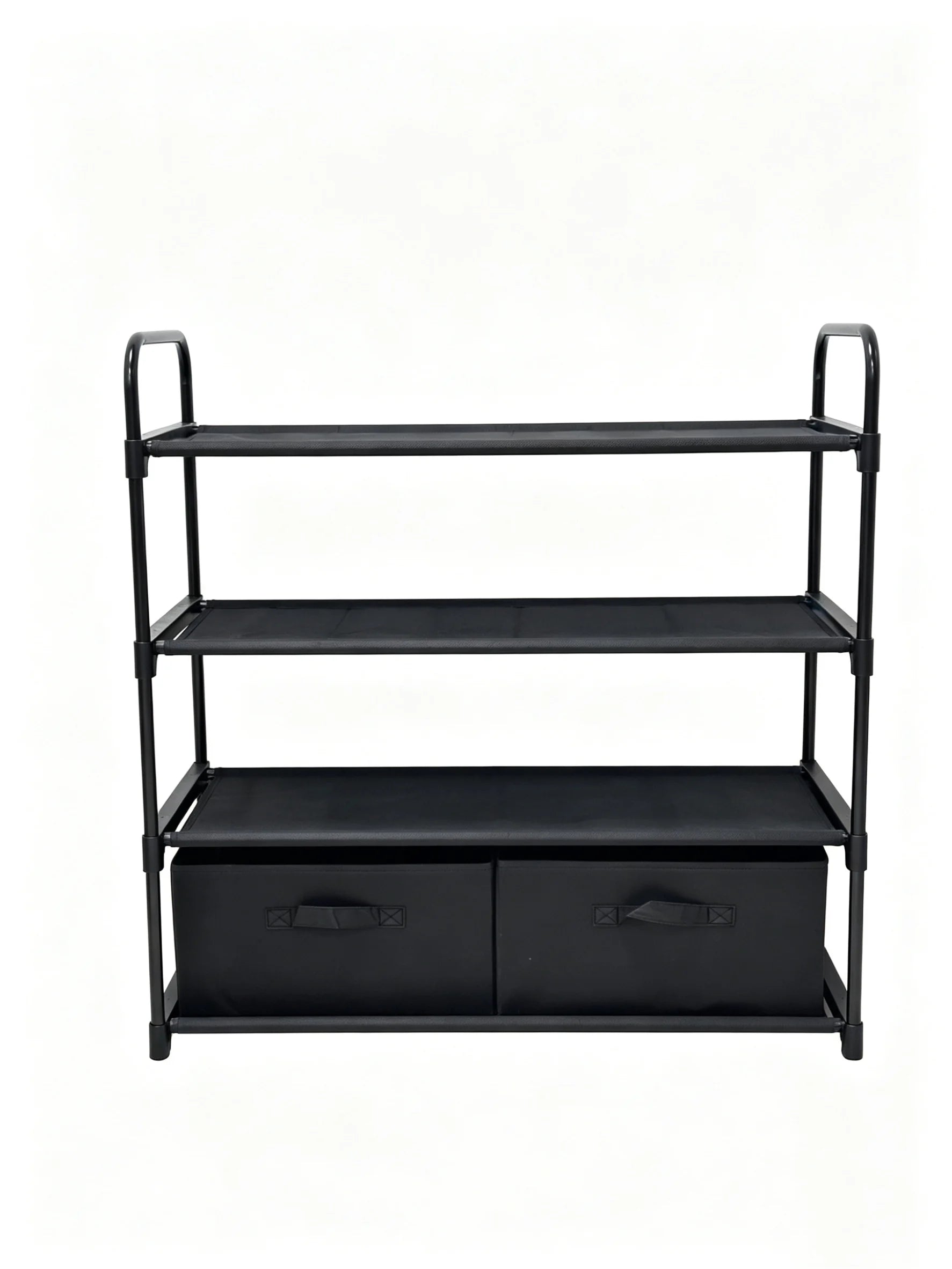 4-Tier Closet Storage Organizer with Two Fabric Bins and Black Metal Frame
