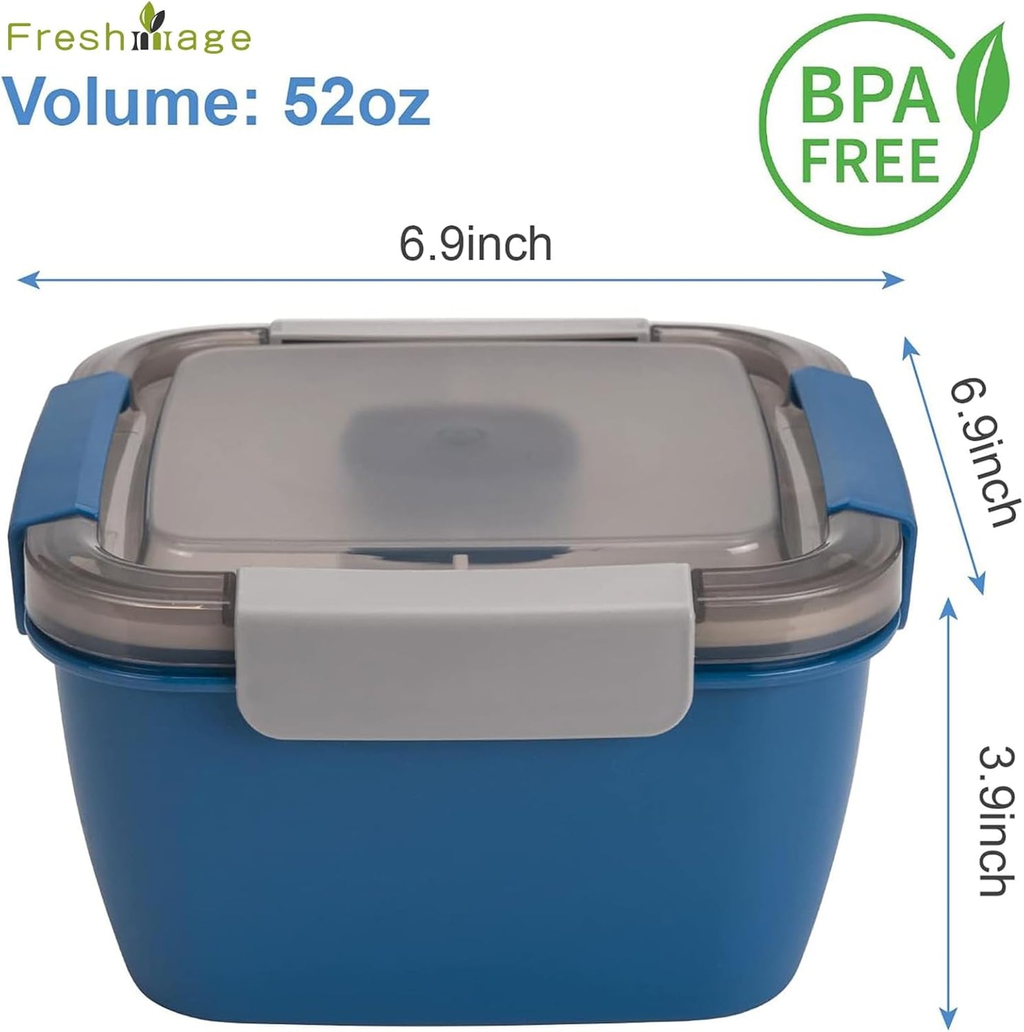 52-Ounce Salad Lunch Container with Three Compartments and Dressing Container for On-the-Go Meals, Ideal for Men and Women (Blue)