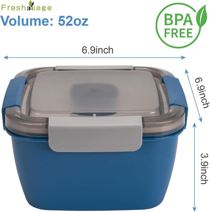 52-Ounce Salad Lunch Container with Three Compartments and Dressing Container for On-the-Go Meals, Ideal for Men and Women (Blue)