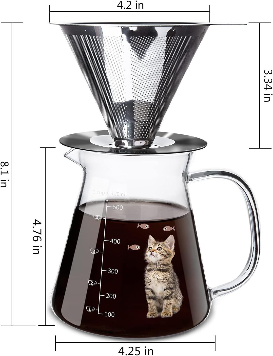 17 Oz Pour Over Coffee Maker with High Heat-Resistant Carafe and Permanent Stainless Steel Filter - Ideal for Home or Office Use